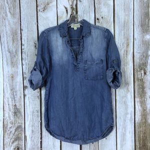 Anthropologie Cloth & Stone Chambray Tencel Blue Popover Tab Sleeve Blouse XS